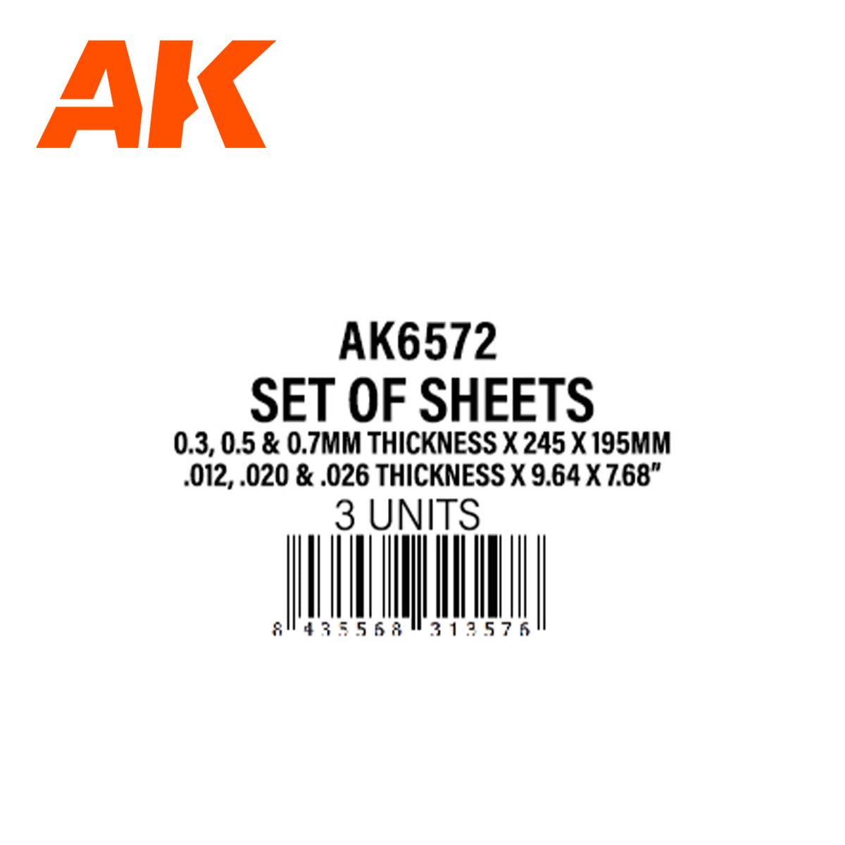 0.3, 0.5 & 0.7mm thickness x 245 x 195mm – STYRENE SHEET SET- (3 units) - vista 3 - AK
