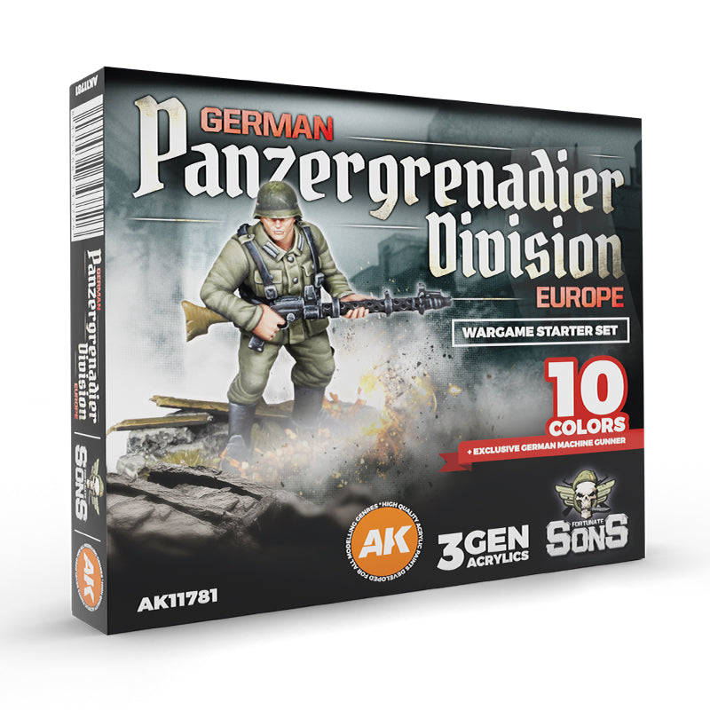 DIVISIÓN PANZERGRENADIER ALEMANA, EUROPA – SET DE INICIACIÓN WARGAME – 10 COLORES & FIGURA EXCLUSIVA (AMETRALLADOR ALEMÁN)