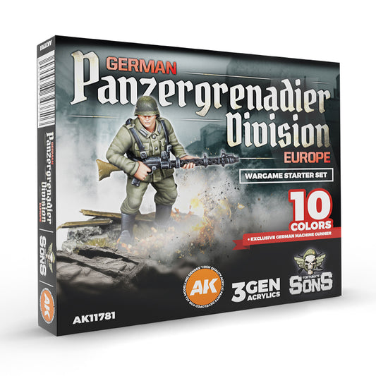 DIVISIÓN PANZERGRENADIER ALEMANA, EUROPA – SET DE INICIACIÓN WARGAME – 10 COLORES & FIGURA EXCLUSIVA (AMETRALLADOR ALEMÁN)