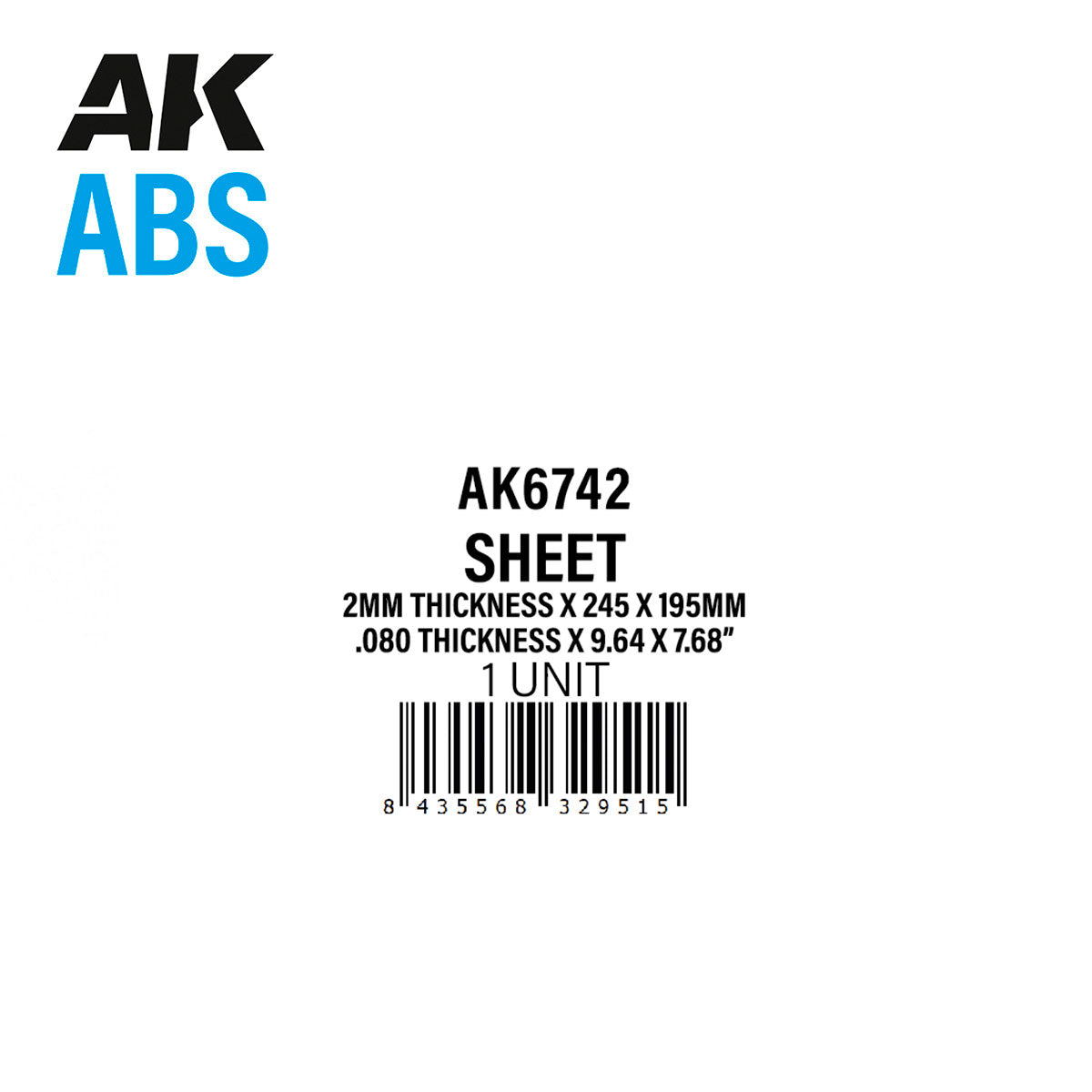 2mm thickness x 245 x 195mm – ABS SHEET – 1 unit per bag / por bolsa