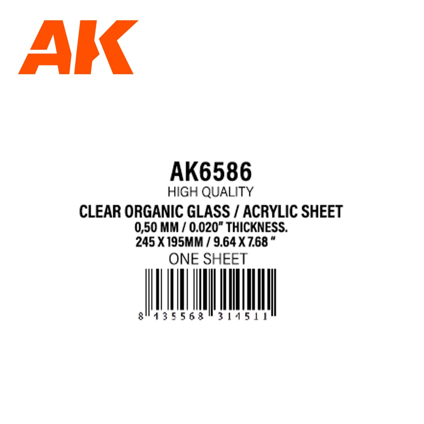 0,50 mm // 0.020″ Espesor- 245 x 195mm // 9.64 x 7.68″ – Cristal orgánico transparente / Lámina acrílica